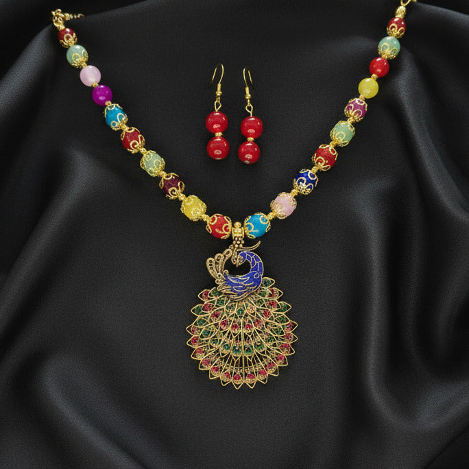 Colorful necklace and earrings on a black background
