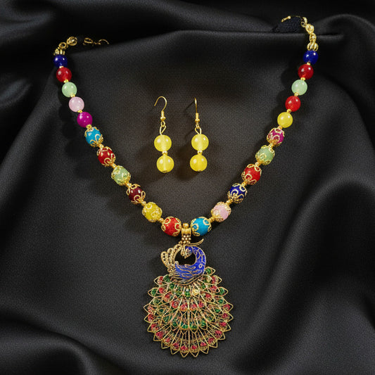 Colorful beaded necklace with intricate design and matching earrings on a dark background