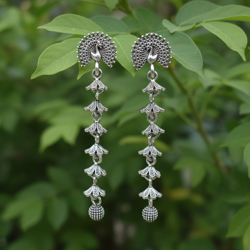 Pair of silver earrings on a white background