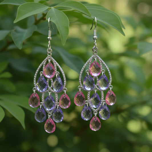 Pair of earrings with pink and purple gemstones on a gray background
